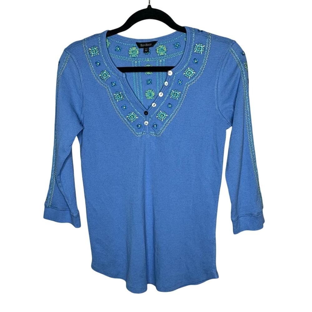 Alp N Rock Mikki Floral Embroidered Henley Ribbed Organic Cotton Top Size Medium